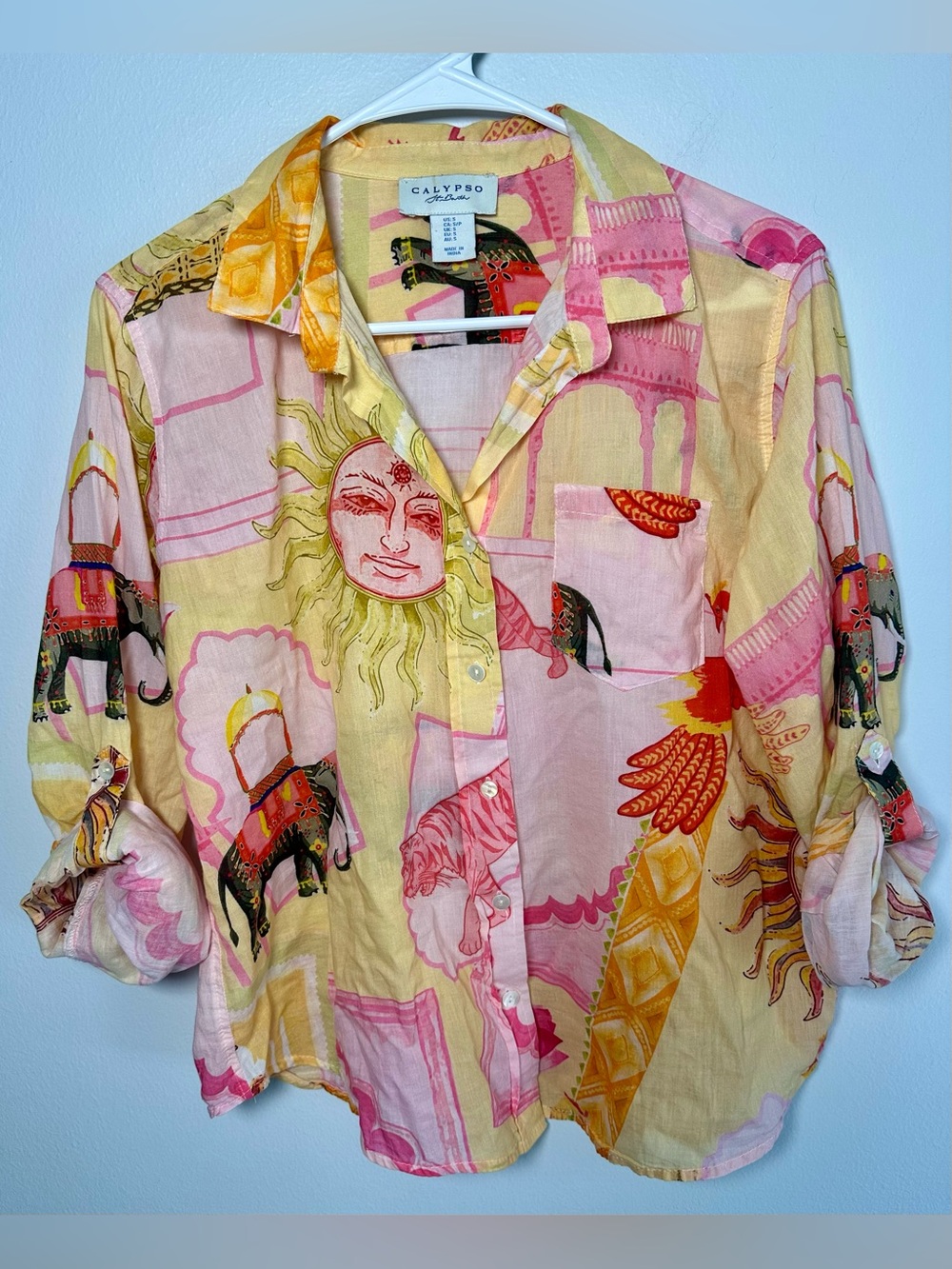 Calypso St. Barth Pink & Yellow Sun & Elephant Print Button-Down Shirt small